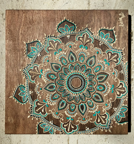 #sold "Turquoise Cinta" Timber Henna Artwork by Linda Bell