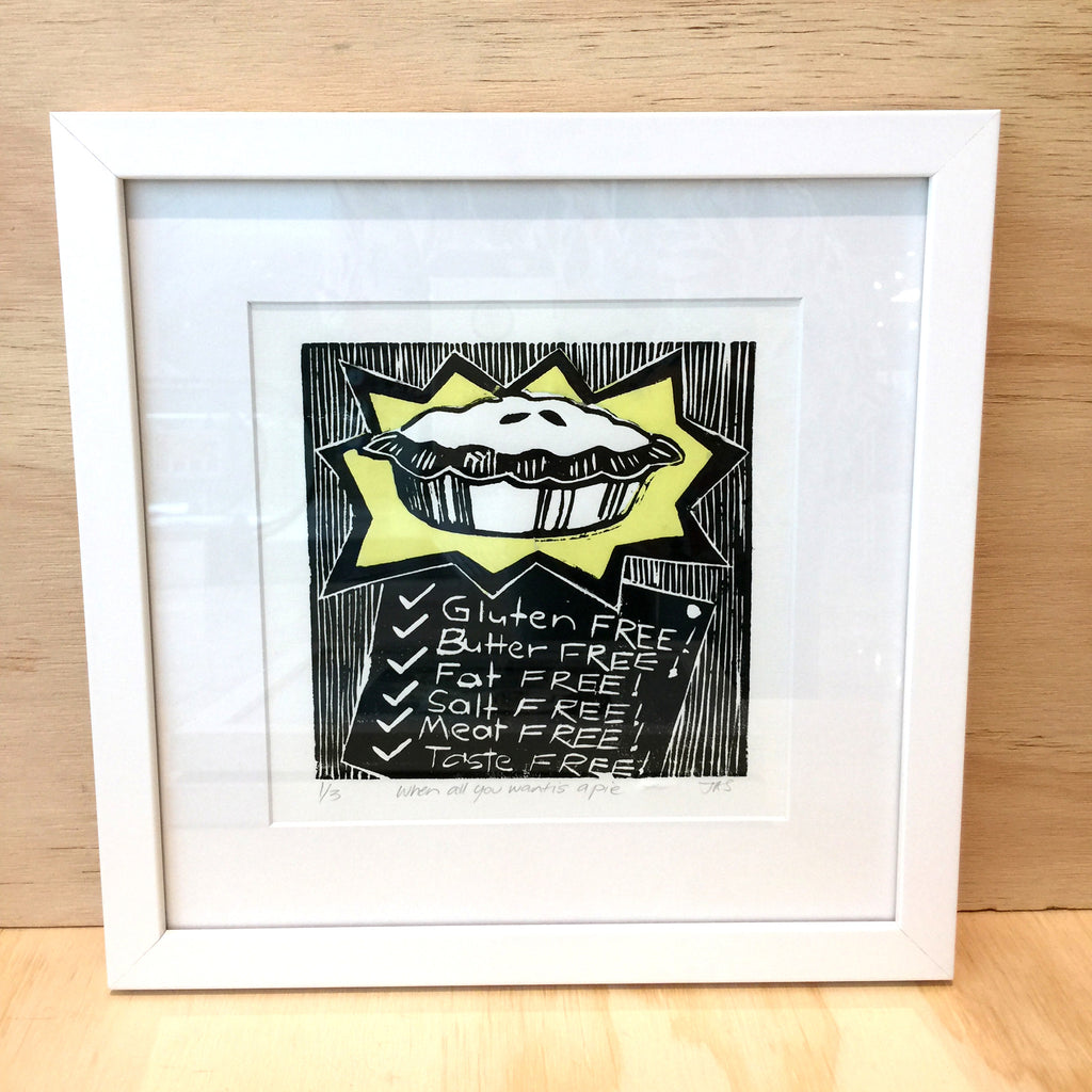 “When all you want is a pie” Lino and Chin-collé print by Jacky Spencer