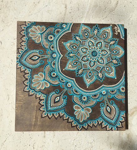 #sold "Aqua Cinta" Timber Henna Artwork by Linda Bell