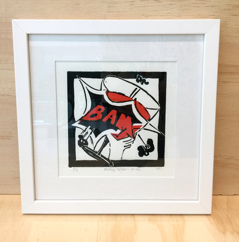 “Friday Nights A-AH”” Lino and Chin-collé print by Jacky Spencer